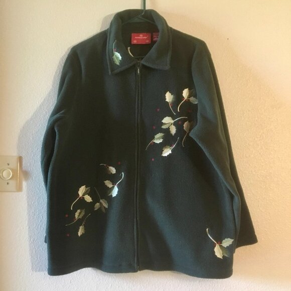 Holiday Lodge Sweaters - VTG Not Ugly Christmas Sweater Dark Green Embroidered Holly Plus Size 18W 20W